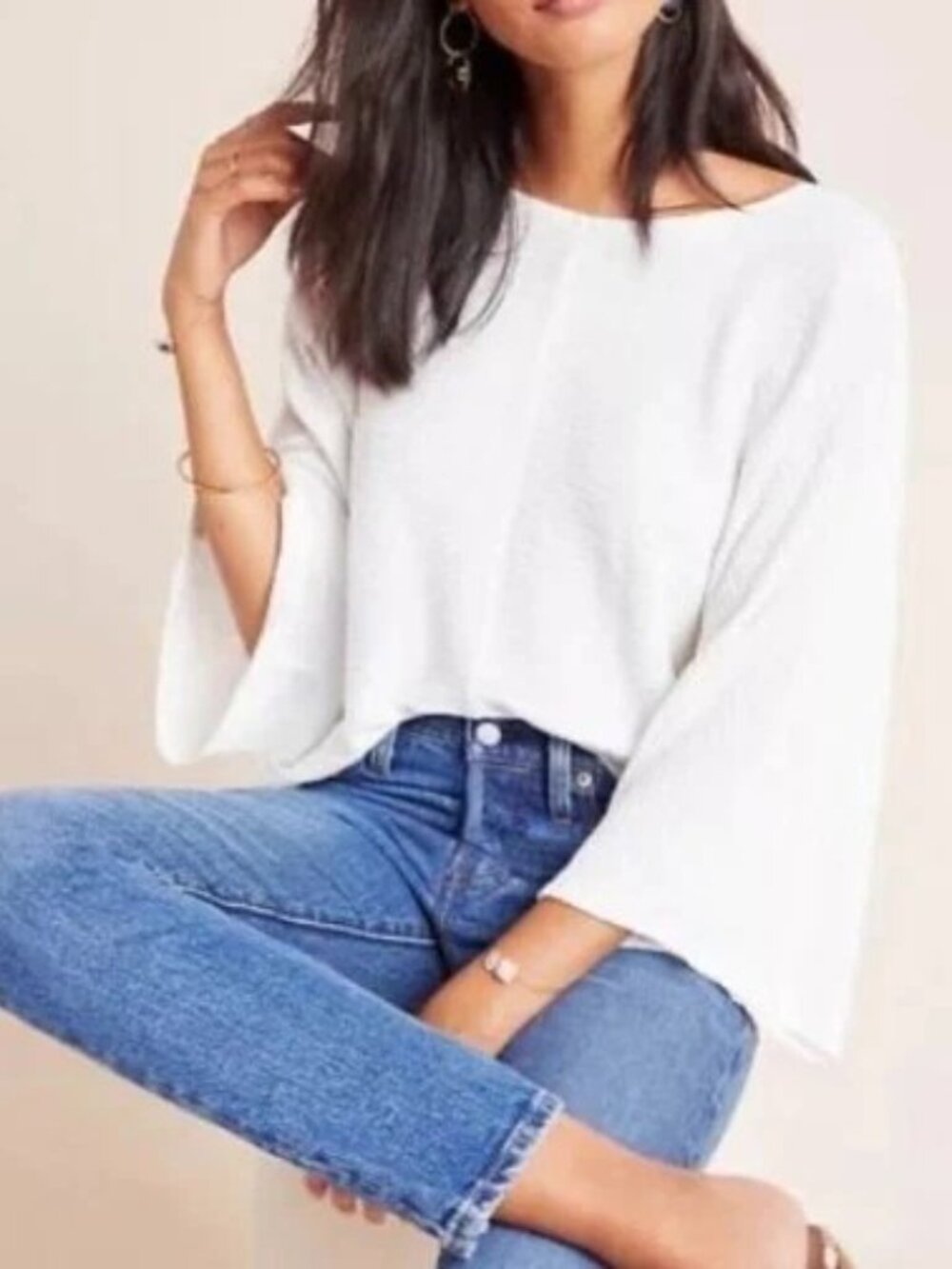 Maeve By Anthropologie Claire Boxy Dolman Sleeve Textured White Pullover Shirt L